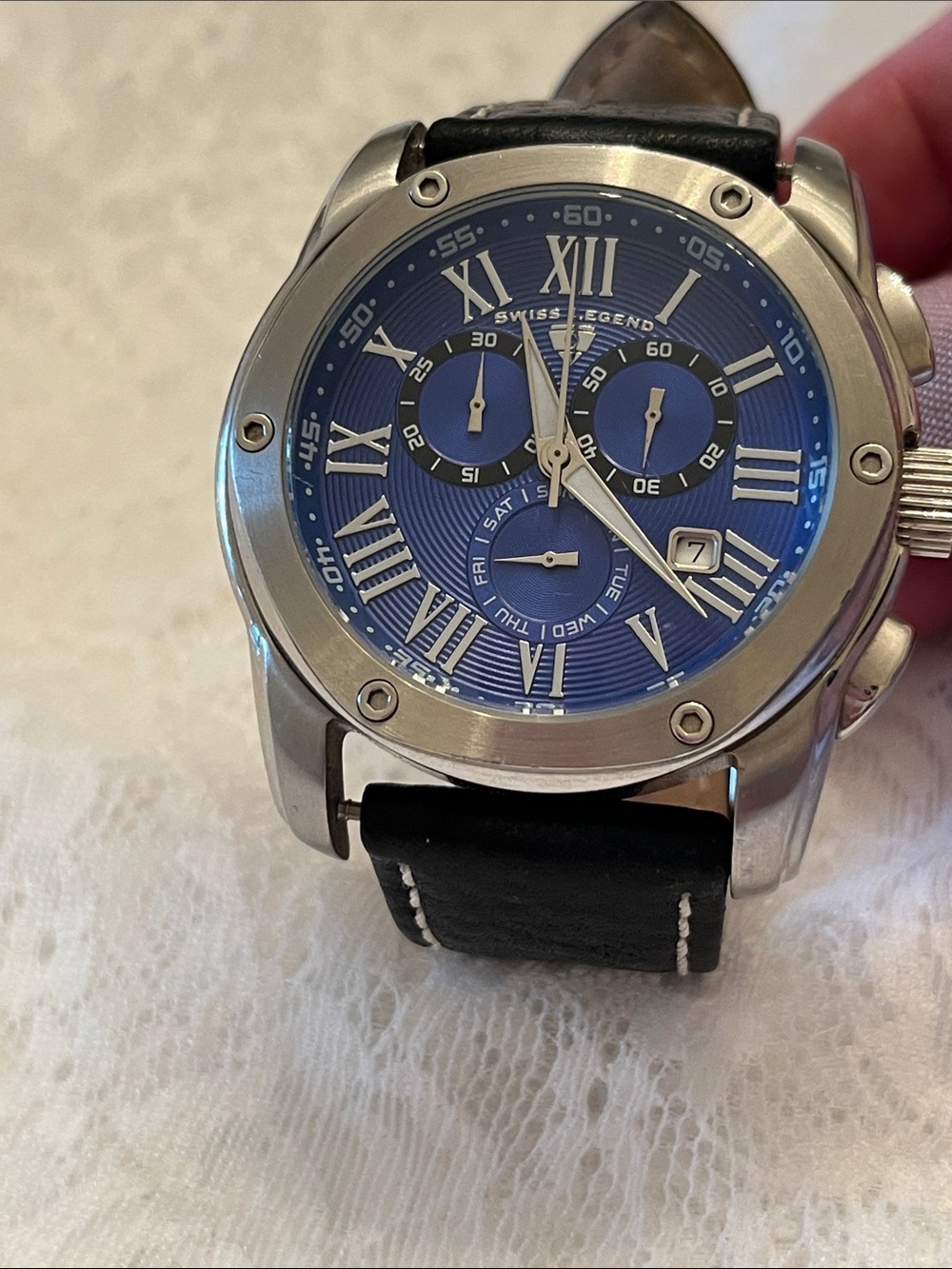 Swiss Legend Blue Dial Chronograph Watch with Black Leather Strap